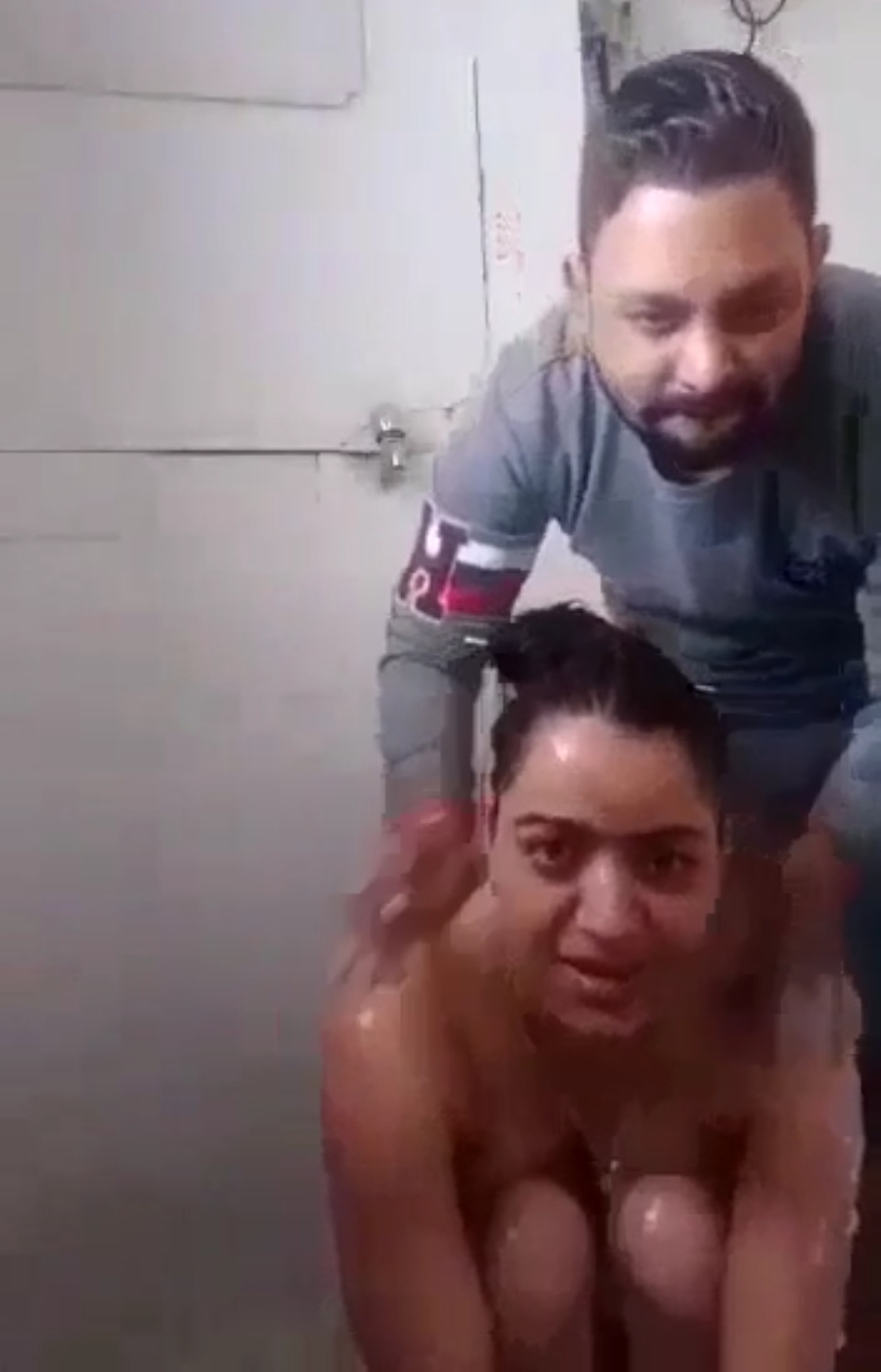 Desi couple together bath in bathroom