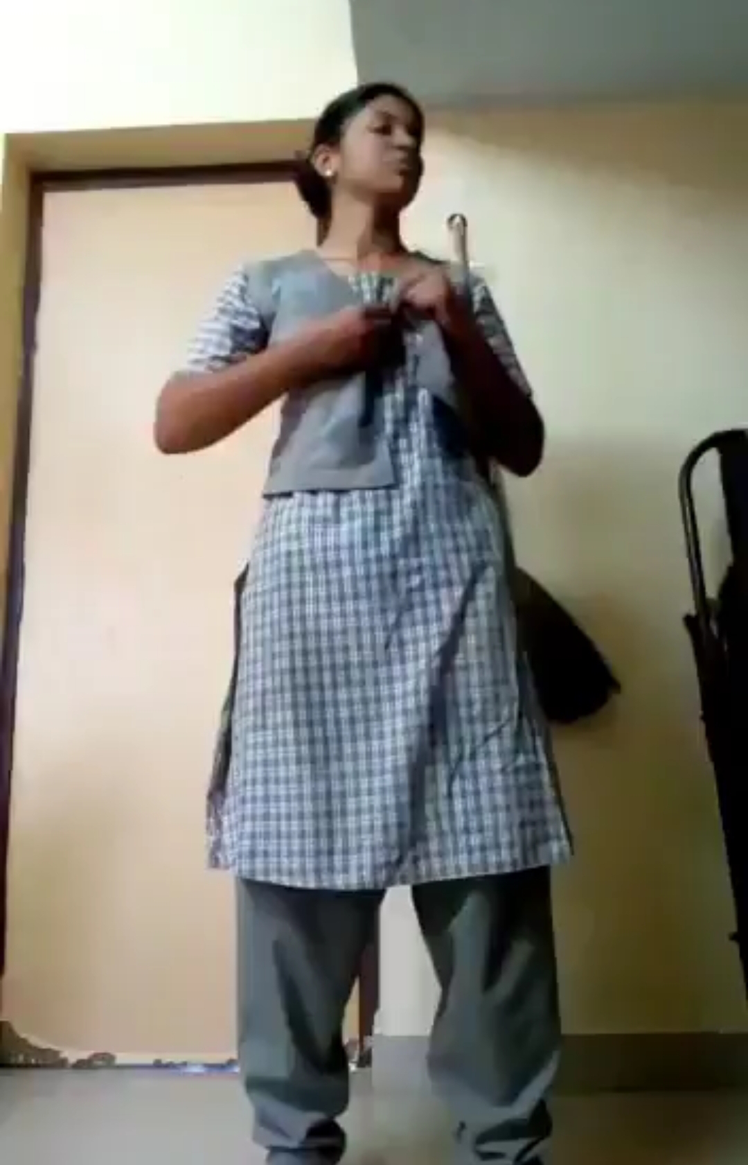 Beautifull School girl remove cloths and pressing boobs